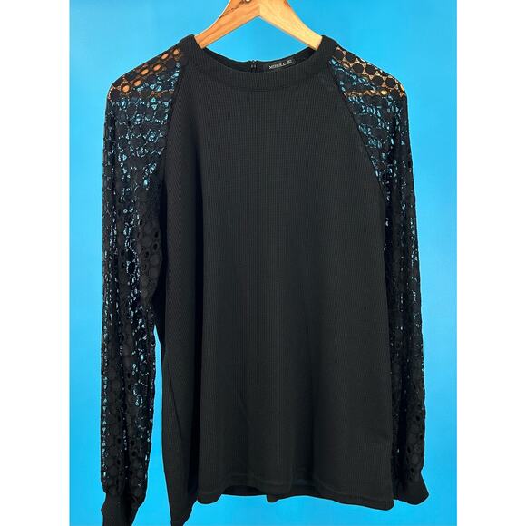 MIHOLL Women's Black Ribbed Knit Top Long Lace Sleeve Back Zip Size XLarge - Picture 10 of 11